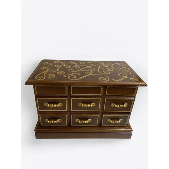 Vintage Refreshed Wood Goldtone Musical Jewelry Box Mirror - Picture 1 of 10